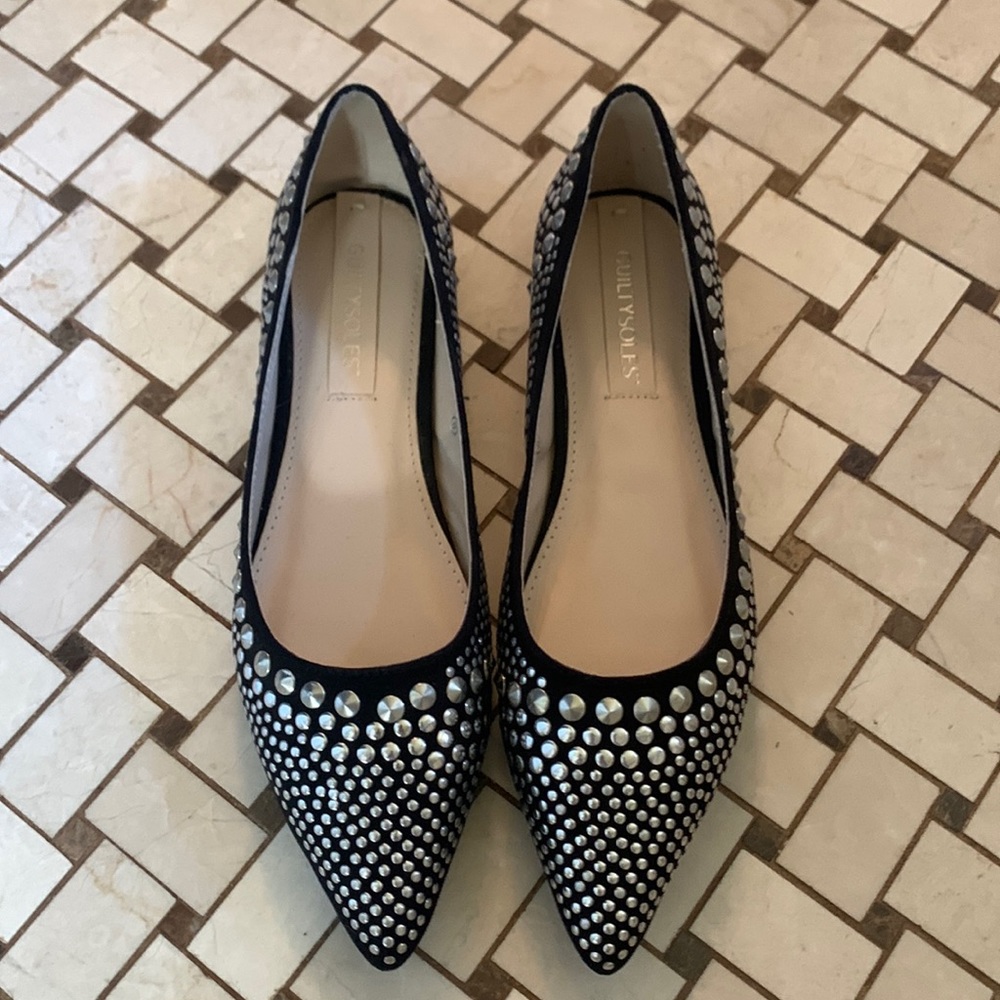 Guilty Soles Pointed Toe Studded Flats Black Silver 8